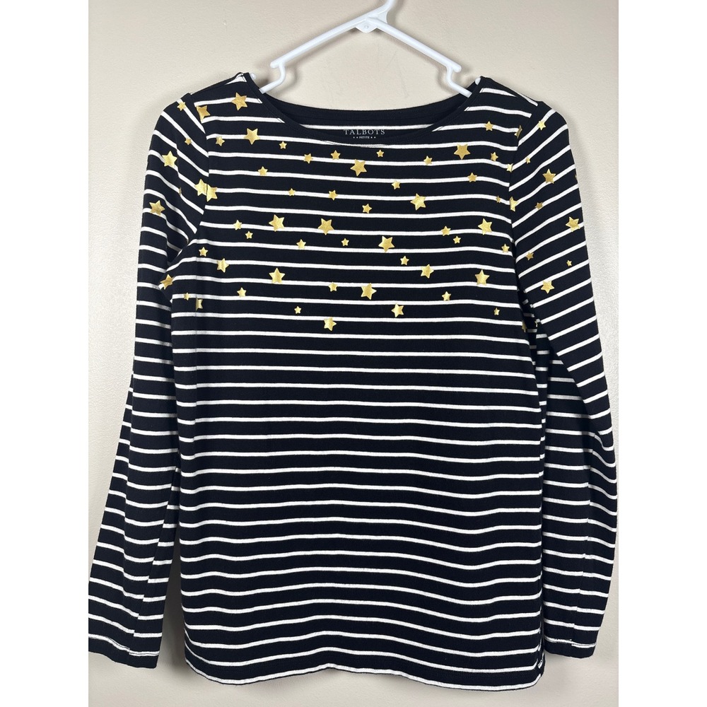 Talbots Petite Small Black White Striped Gold Foil‎ Star Long Sleeve Tee ID2726
